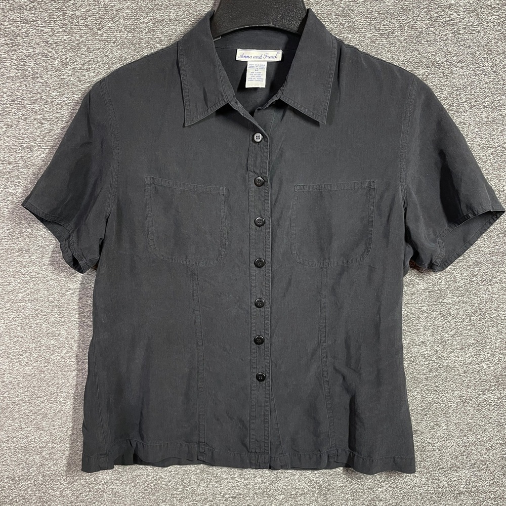 Anna and Frank Shirt Womens Medium Black 100% Silk Short Sleeve Button Down